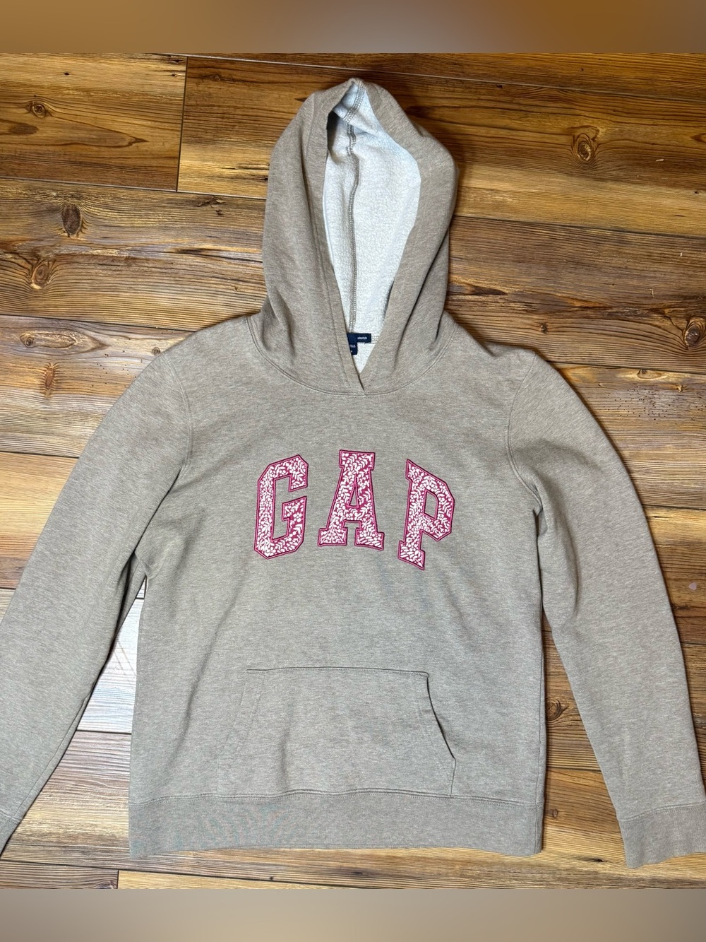 Gap Stretch Pullover Hoodie Women’s Small Beige Pink Logo Fleece Lined
